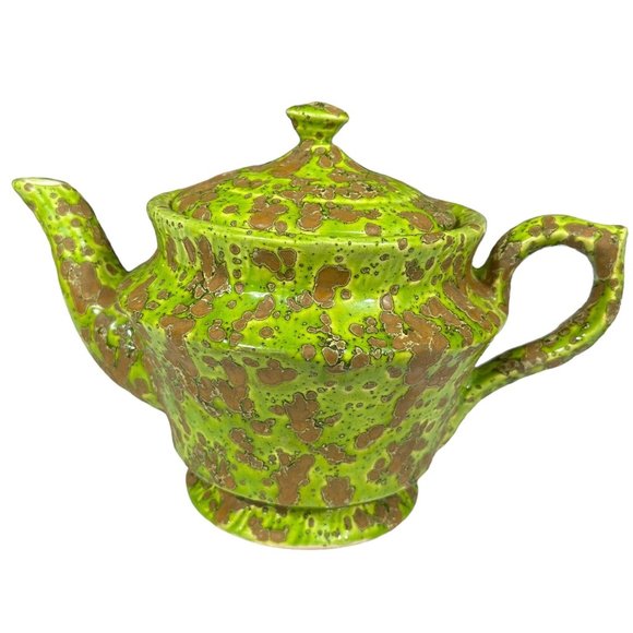 Vtg 70s Acid Green Psychadelic Splatter Mold Made Hand Painted 7" Ceramic Teapot - Picture 1 of 9